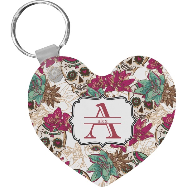 Custom Sugar Skulls & Flowers Heart Plastic Keychain w/ Name and Initial
