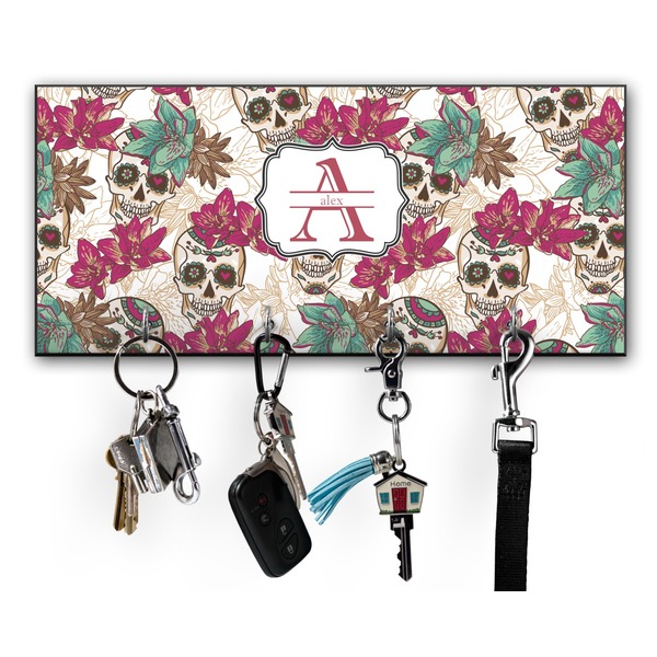 Custom Sugar Skulls & Flowers Key Hanger w/ 4 Hooks w/ Name and Initial