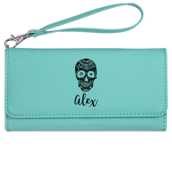 Sugar Skulls & Flowers Ladies Wallet - Leather - Teal - Front View