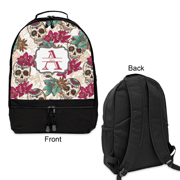 Sugar Skulls & Flowers Large Backpack - Black - Front & Back View