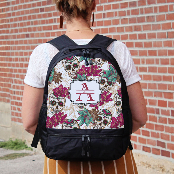 Sugar Skulls & Flowers Large Backpack - Black - On Back