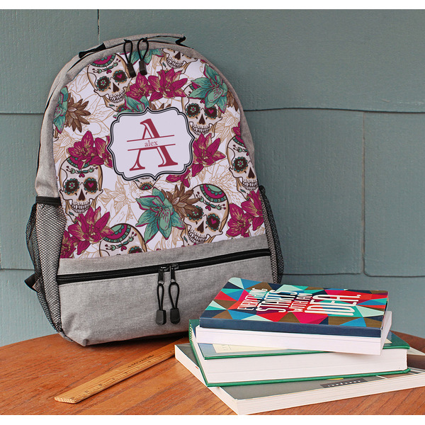 Sugar Skulls & Flowers Large Backpack - Gray - On Desk