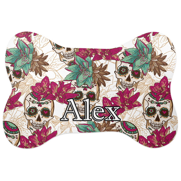 Custom Sugar Skulls & Flowers Bone Shaped Dog Food Mat (Large) (Personalized)