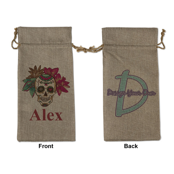 Custom Sugar Skulls & Flowers Large Burlap Gift Bag - Front & Back (Personalized)