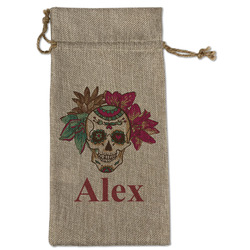 Sugar Skulls & Flowers Large Burlap Gift Bag - Front (Personalized)