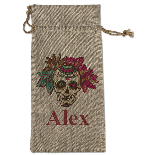 Custom Sugar Skulls & Flowers Large Burlap Gift Bag - Front (Personalized)