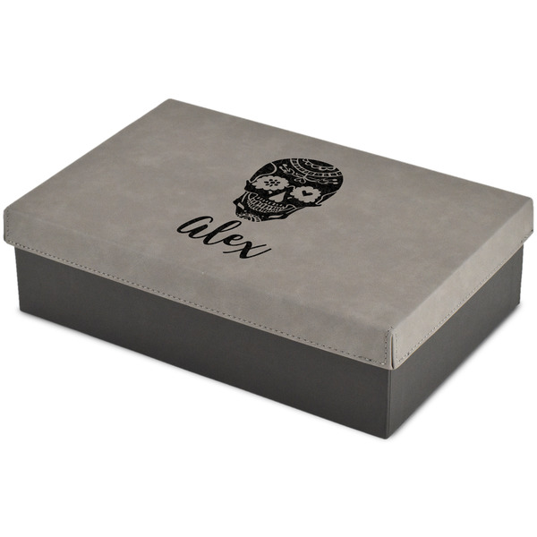 Custom Sugar Skulls & Flowers Large Gift Box w/ Engraved Leather Lid (Personalized)