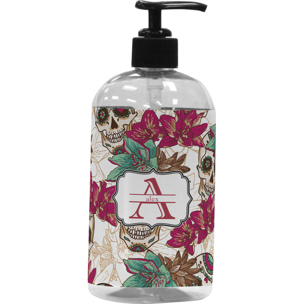 Custom Sugar Skulls & Flowers Plastic Soap / Lotion Dispenser (16 oz - Large - Black) (Personalized)