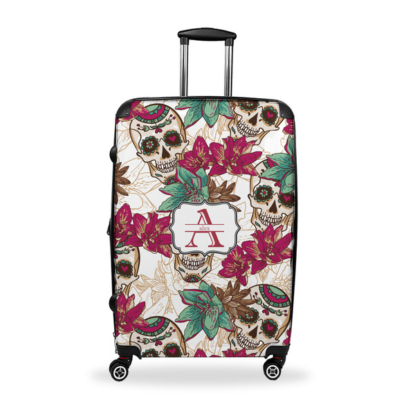 Custom Sugar Skulls & Flowers Suitcase - 28" Large - Checked w/ Name and Initial
