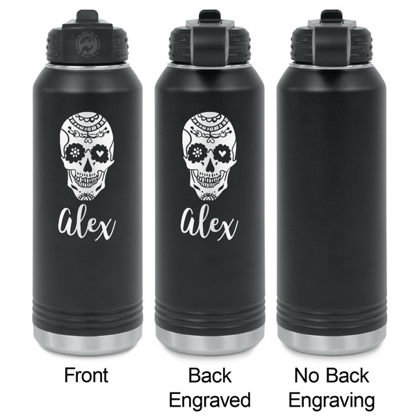 Sugar Skulls & Flowers Laser Engraved Water Bottles - 2 Styles - Front & Back View
