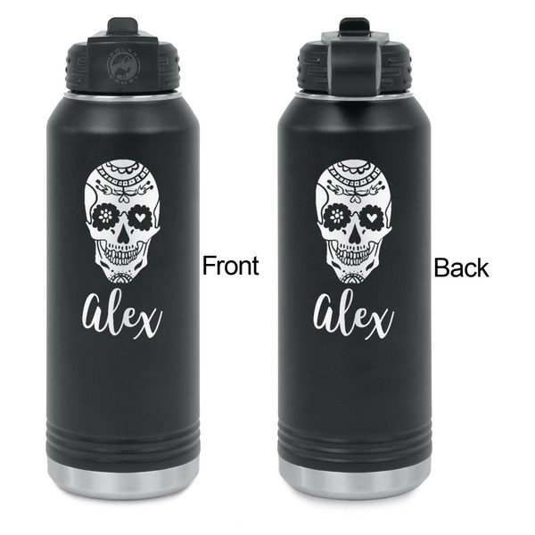 Sugar Skulls & Flowers Laser Engraved Water Bottles - Front & Back Engraving - Front & Back View