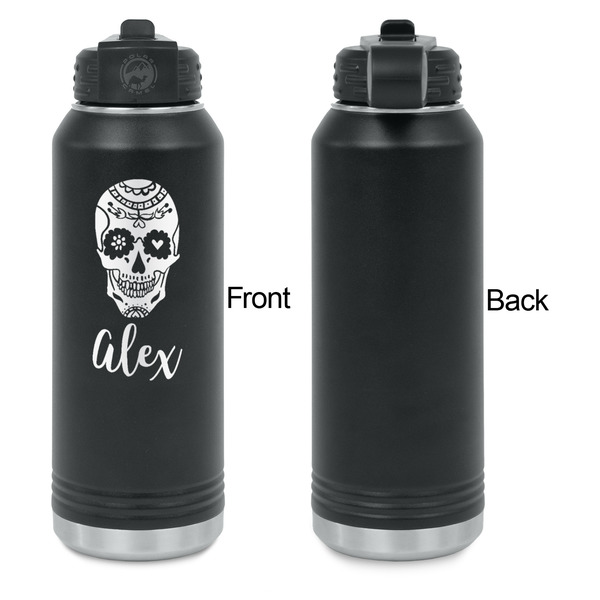Sugar Skulls & Flowers Laser Engraved Water Bottles - Front Engraving - Front & Back View