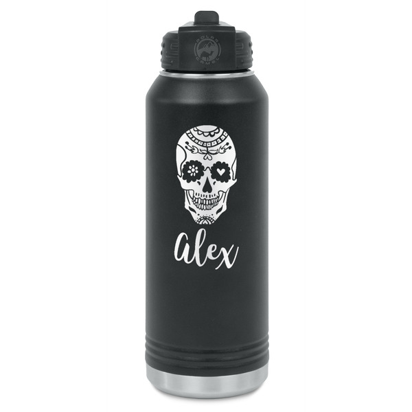 Custom Sugar Skulls & Flowers Water Bottle - Laser Engraved - Front (Personalized)