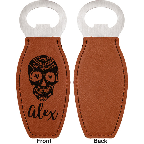 Sugar Skulls & Flowers Leather Bar Bottle Opener - Front and Back (single sided)