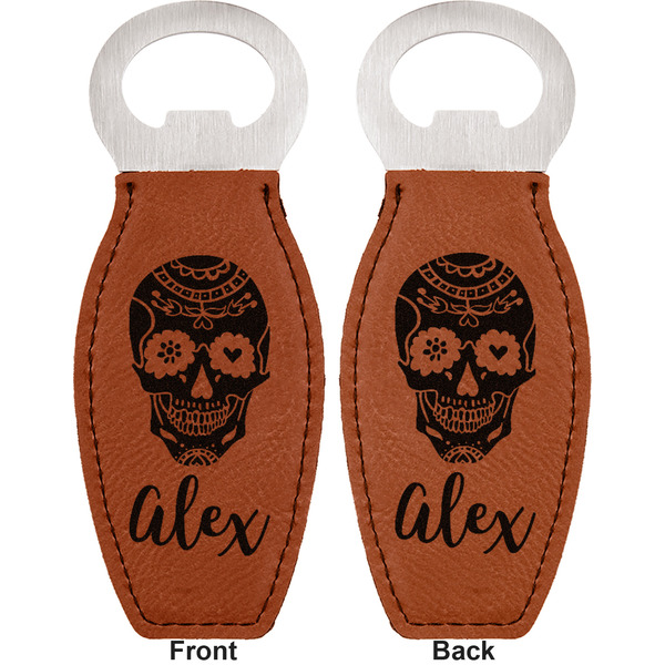 Sugar Skulls & Flowers Leather Bar Bottle Opener - Front and Back