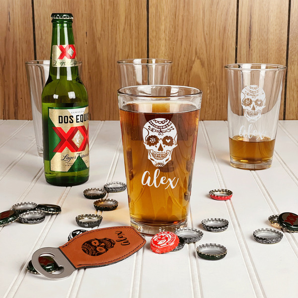 Sugar Skulls & Flowers Leather Bar Bottle Opener - IN CONTEXT