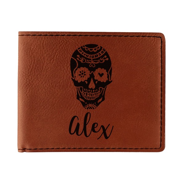 Custom Sugar Skulls & Flowers Leatherette Bifold Wallet - Single Sided (Personalized)