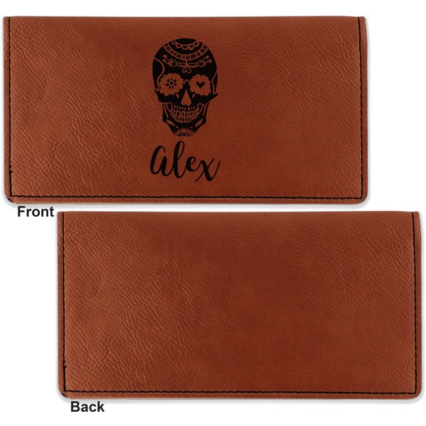 Sugar Skulls & Flowers Leather Checkbook Holder Front and Back Single Sided - Apvl