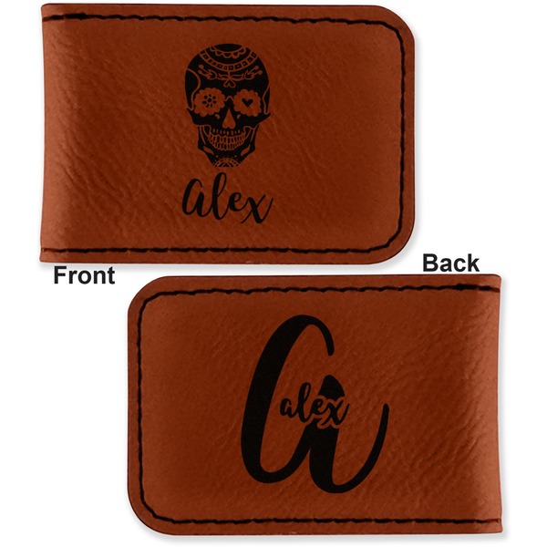 Sugar Skulls & Flowers Leatherette Magnetic Money Clip - Front and Back