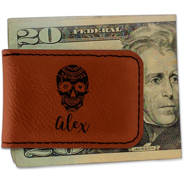 Custom Sugar Skulls & Flowers Leatherette Magnetic Money Clip - Double Sided (Personalized)