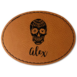 Sugar Skulls & Flowers Faux Leather Iron On Patch - Oval (Personalized)