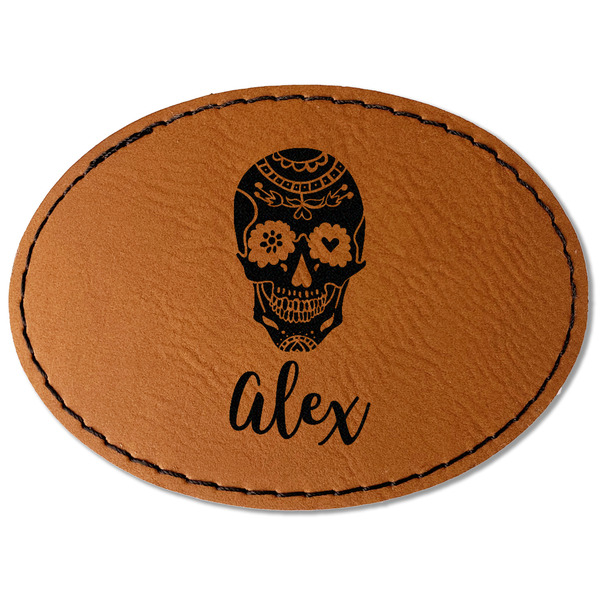 Custom Sugar Skulls & Flowers Faux Leather Iron On Patch - Oval (Personalized)