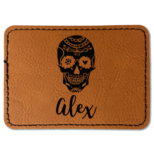 Custom Sugar Skulls & Flowers Faux Leather Iron On Patch - Rectangle (Personalized)