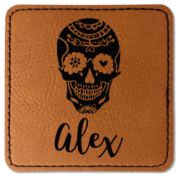 Custom Sugar Skulls & Flowers Faux Leather Iron On Patch - Square (Personalized)