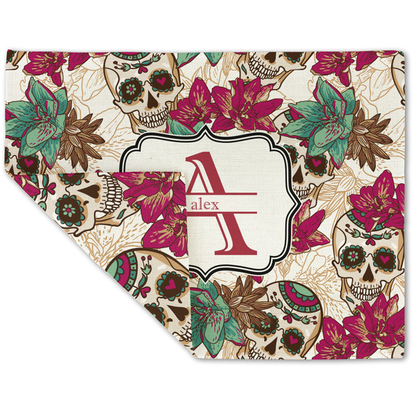 Custom Sugar Skulls & Flowers Double-Sided Linen Placemat - Single w/ Name and Initial