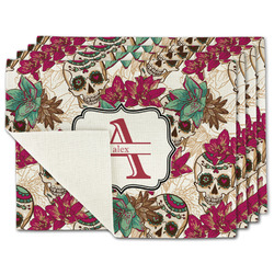 Sugar Skulls & Flowers Single-Sided Linen Placemat - Set of 4 w/ Name and Initial