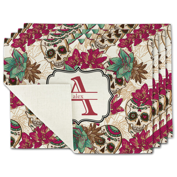 Custom Sugar Skulls & Flowers Single-Sided Linen Placemat - Set of 4 w/ Name and Initial