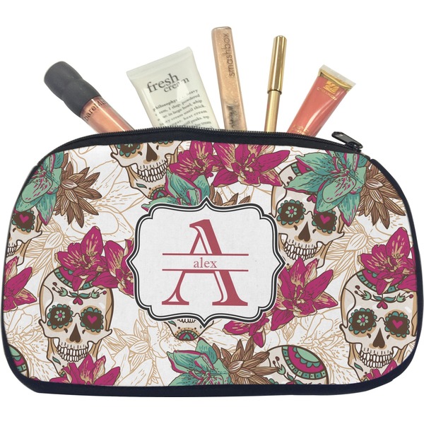 Custom Sugar Skulls & Flowers Makeup / Cosmetic Bag - Medium (Personalized)