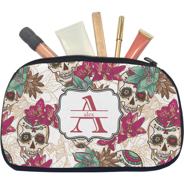 Custom Sugar Skulls & Flowers Makeup / Cosmetic Bag - Medium (Personalized)