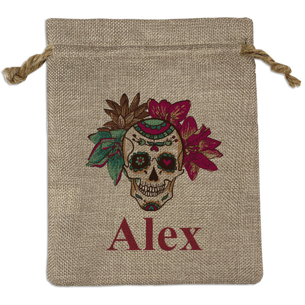 Custom Sugar Skulls & Flowers Medium Burlap Gift Bag - Front (Personalized)