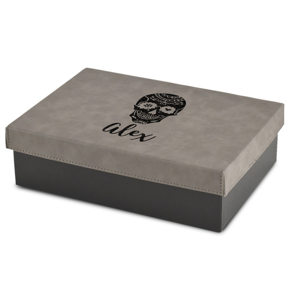 Custom Sugar Skulls & Flowers Medium Gift Box w/ Engraved Leather Lid (Personalized)