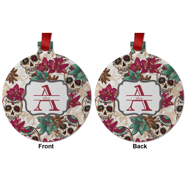 Sugar Skulls & Flowers Metal Ball Ornament - Front and Back