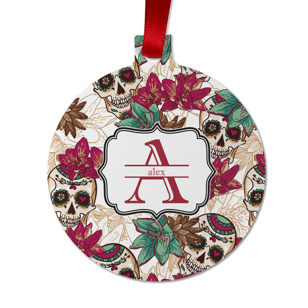 Custom Sugar Skulls & Flowers Metal Ball Ornament - Double Sided w/ Name and Initial