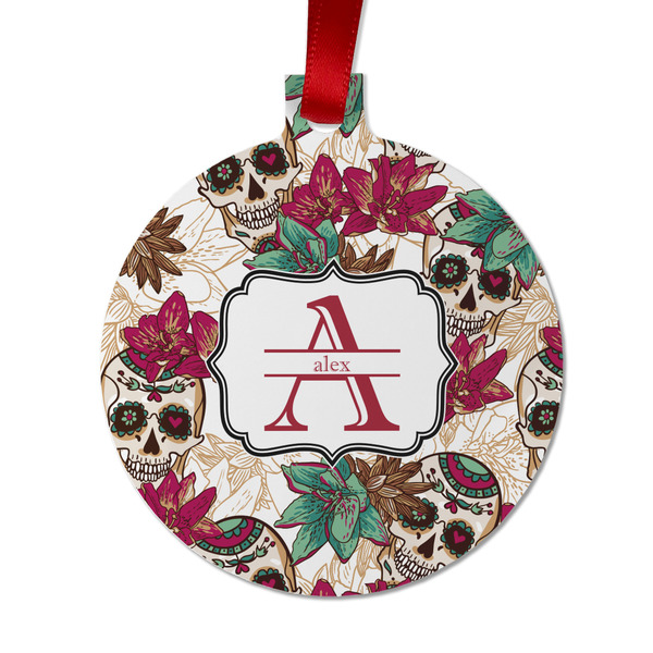 Sugar Skulls & Flowers Metal Ball Ornament - Front