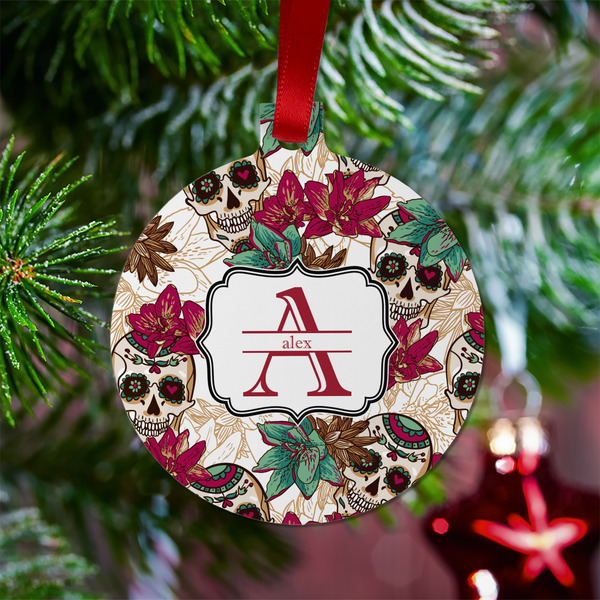 Sugar Skulls & Flowers Metal Ball Ornament - Lifestyle