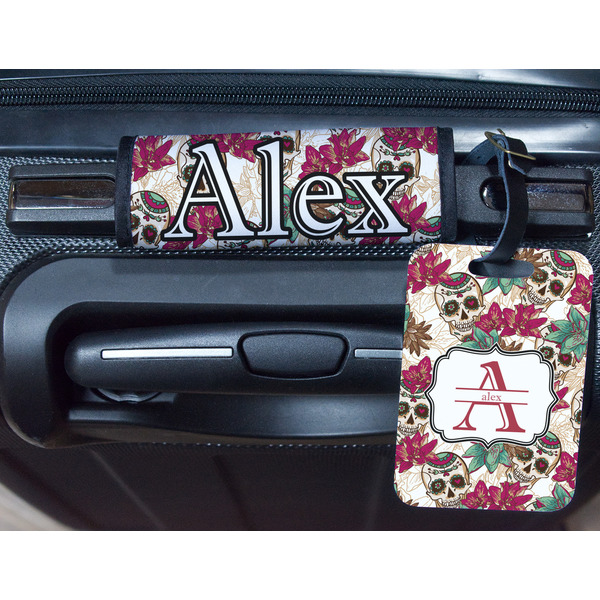 Sugar Skulls & Flowers Metal Luggage Tag & Handle Wrap - In Context