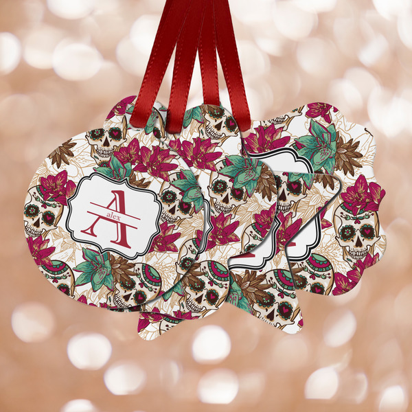 Custom Sugar Skulls & Flowers Metal Ornaments - Double Sided w/ Name and Initial