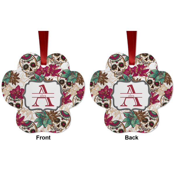 Sugar Skulls & Flowers Metal Paw Ornament - Front and Back