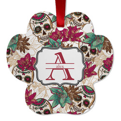 Sugar Skulls & Flowers Metal Paw Ornament - Double Sided w/ Name and Initial