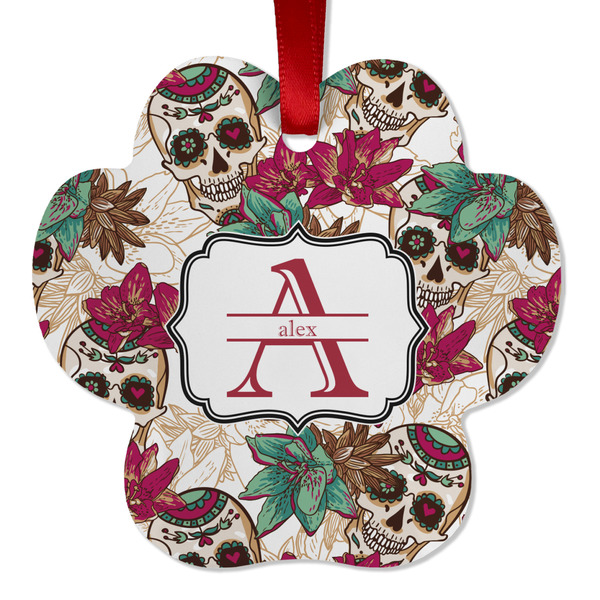 Custom Sugar Skulls & Flowers Metal Paw Ornament - Double Sided w/ Name and Initial