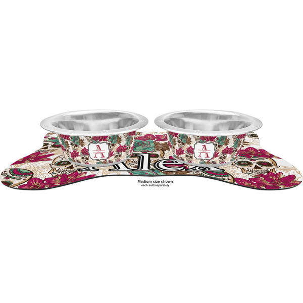 Sugar Skulls & Flowers Metal Pet Bowls - On Dog Bone Shaped Mat
