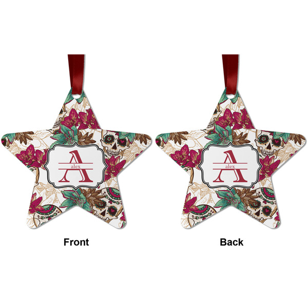 Sugar Skulls & Flowers Metal Star Ornament - Front and Back