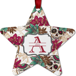 Sugar Skulls & Flowers Metal Star Ornament - Double Sided w/ Name and Initial