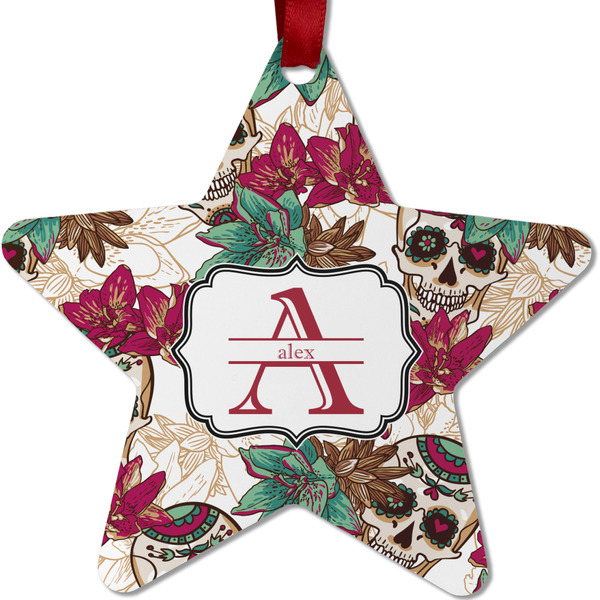 Custom Sugar Skulls & Flowers Metal Star Ornament - Double Sided w/ Name and Initial