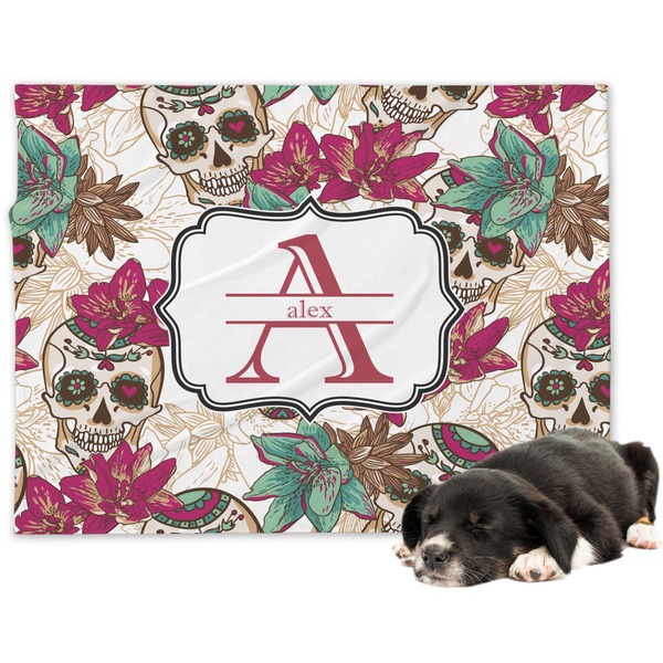 Custom Sugar Skulls & Flowers Dog Blanket - Large (Personalized)