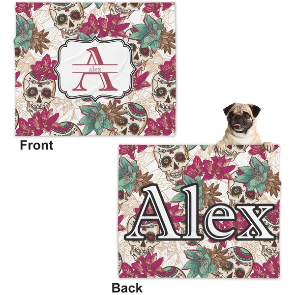 Sugar Skulls & Flowers Microfleece Dog Blanket - Large- Front & Back